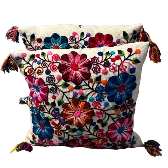 Set of 2 Cream Hand Embroidered multicolored Cover Wool Floral Design pillowcase